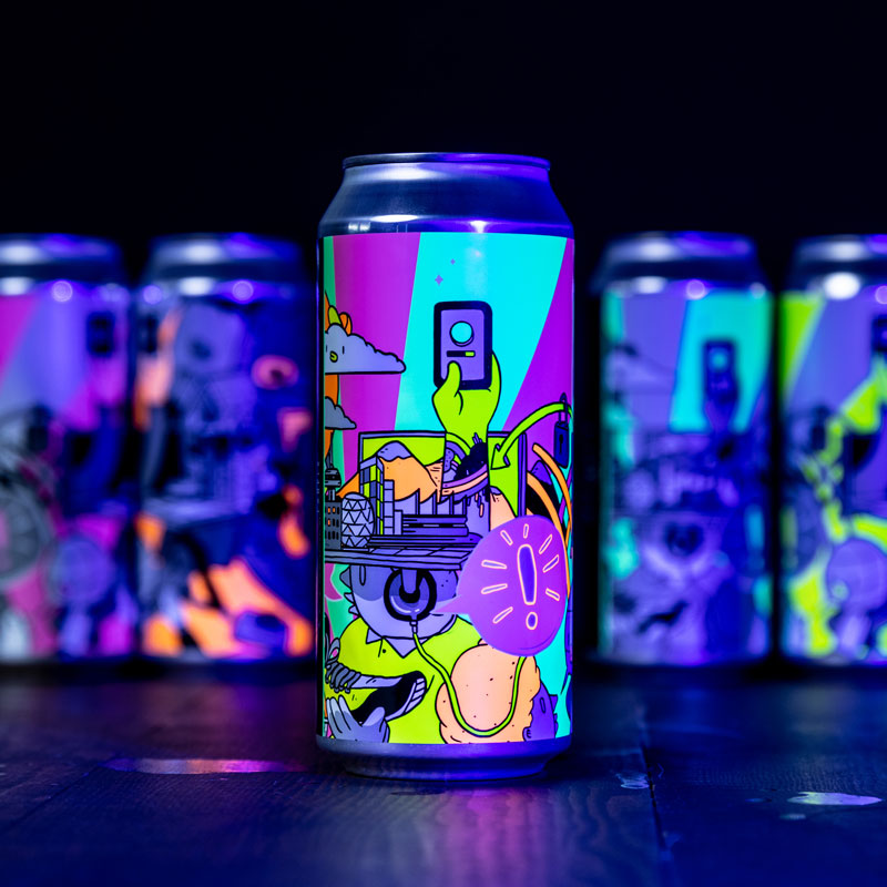 Five fluroescent cans of beer lined up on a shelf.